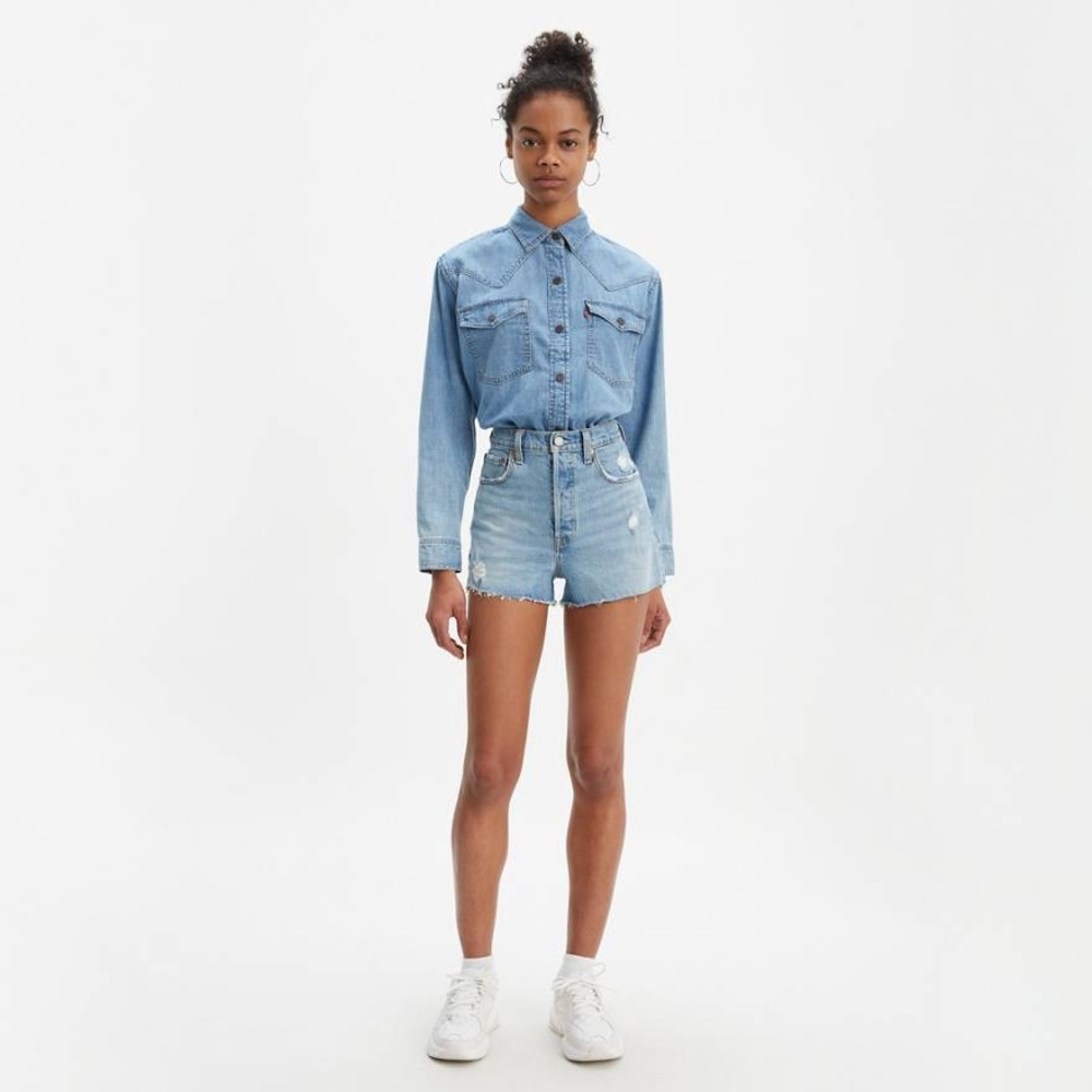 Levi's Distressed Light Blue High-Rise Denim Shorts